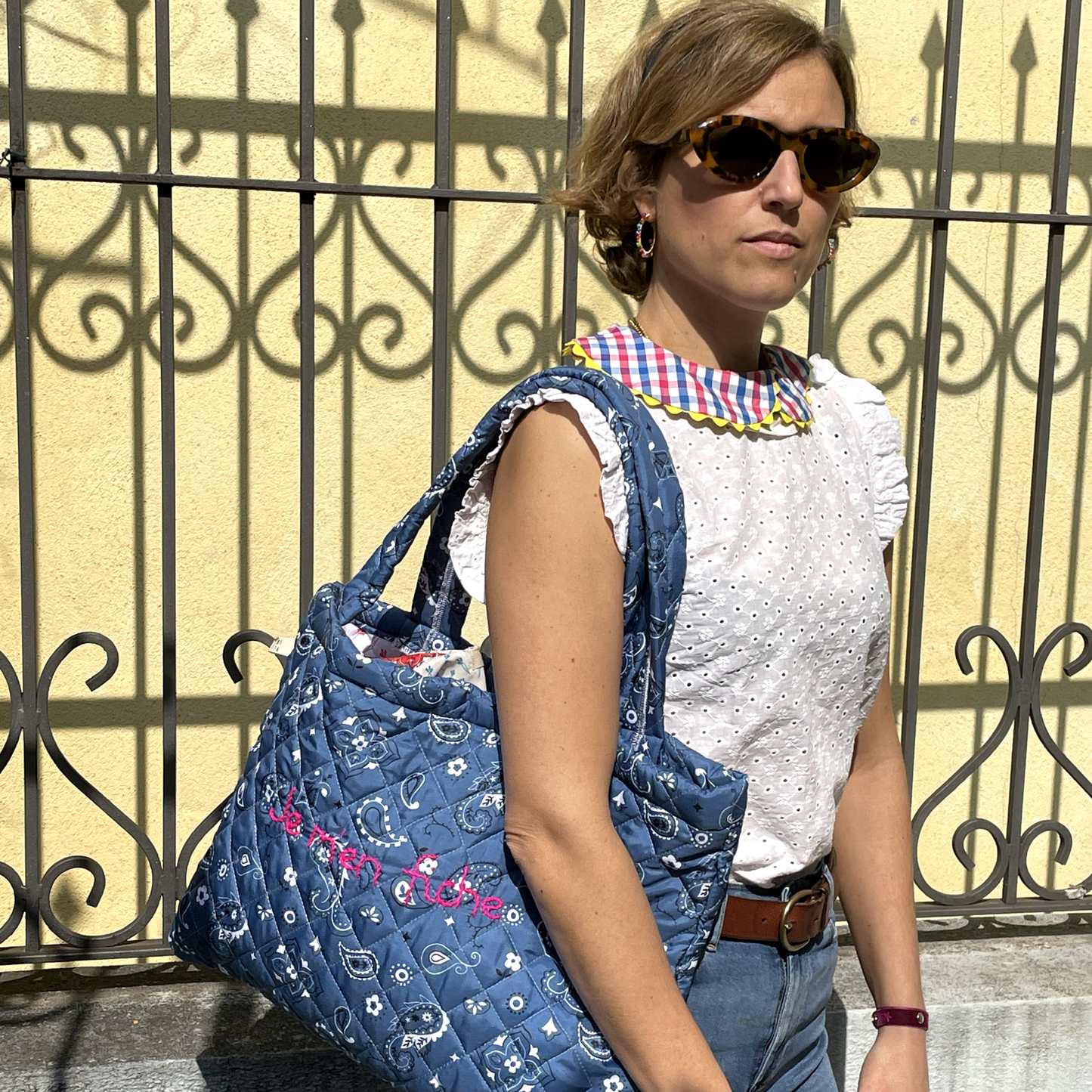 Borsa Weekend Matelassé "Je m'en fiche" Bandana Blu Jeans