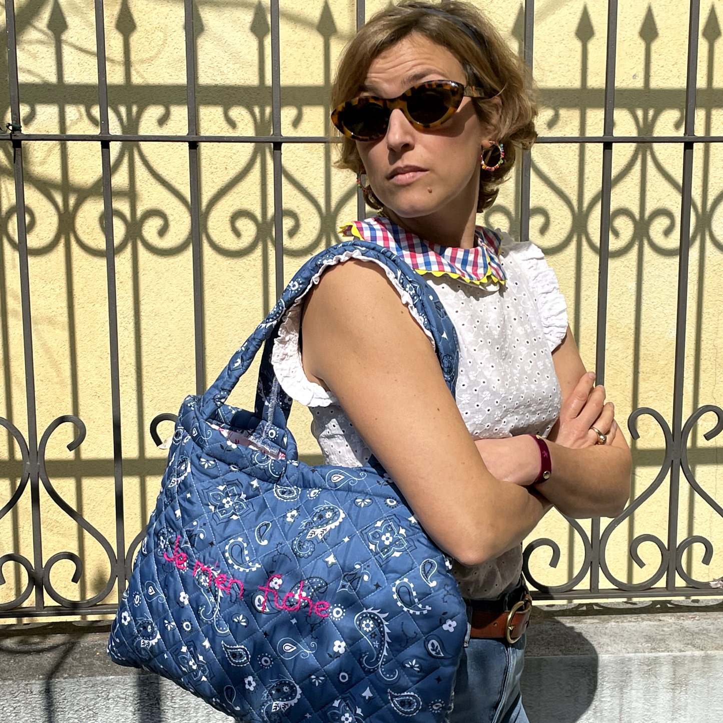 Borsa Weekend Matelassé "Je m'en fiche" Bandana Blu Jeans