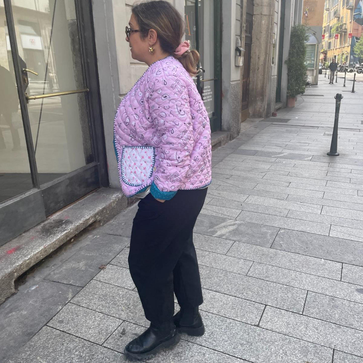 Giacca Matelassè Bandana Rosa con Ricamo Petrolio tg L