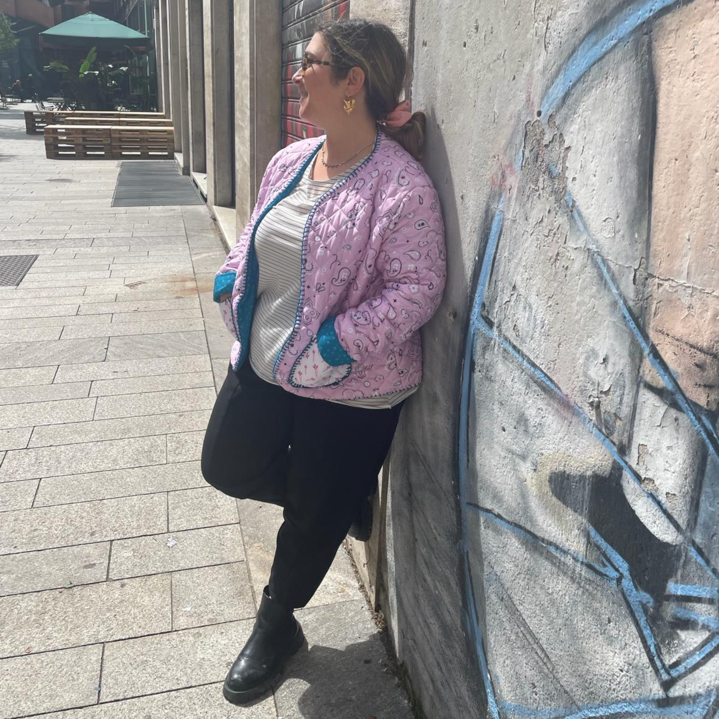 Giacca Matelassè Bandana Rosa con Ricamo Petrolio tg L