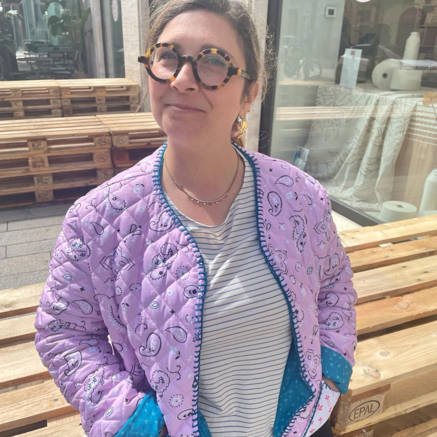 Giacca Matelassè Bandana Rosa con Ricamo Petrolio tg L