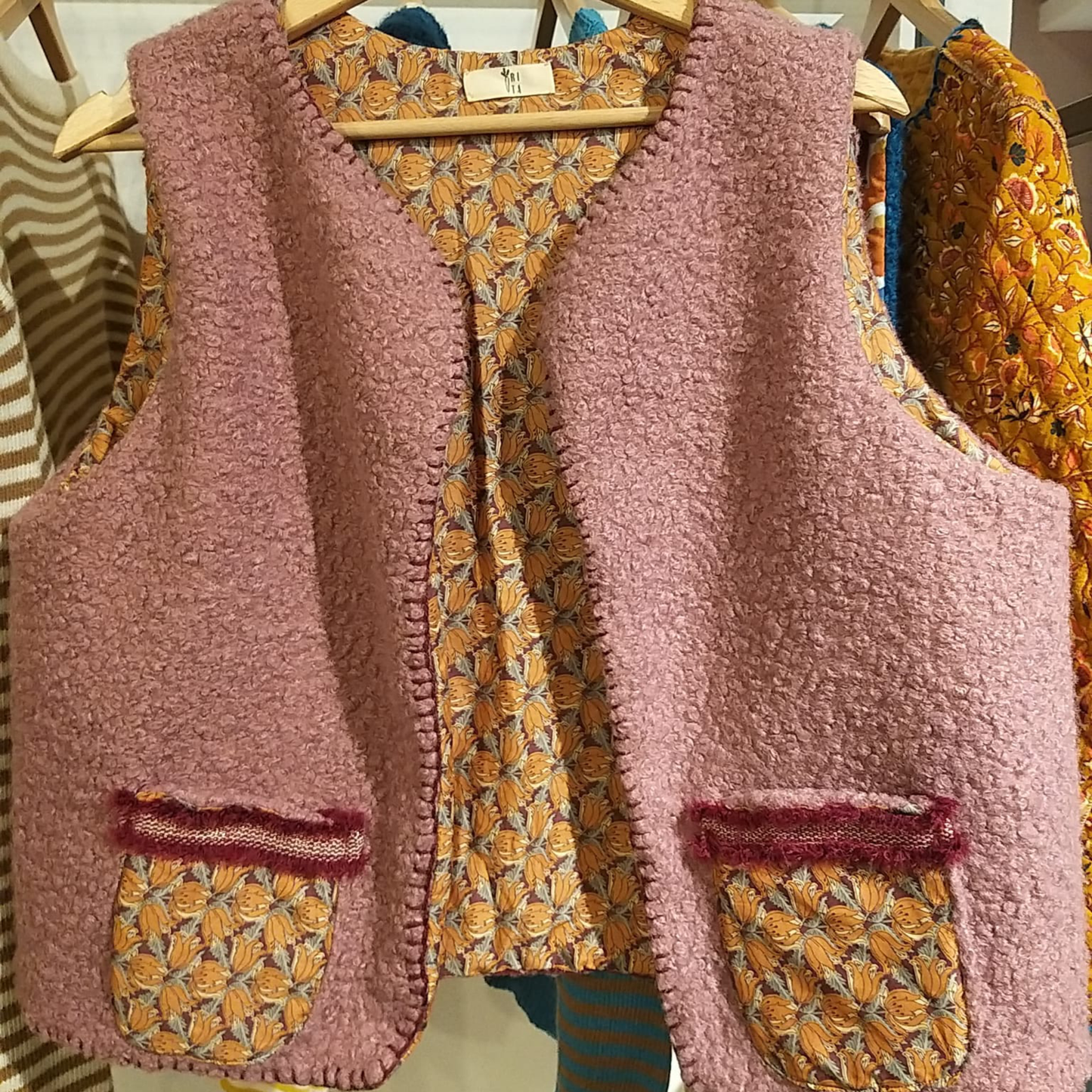 Gilet Bouclé Double Face Rosa/Fiori Gialli