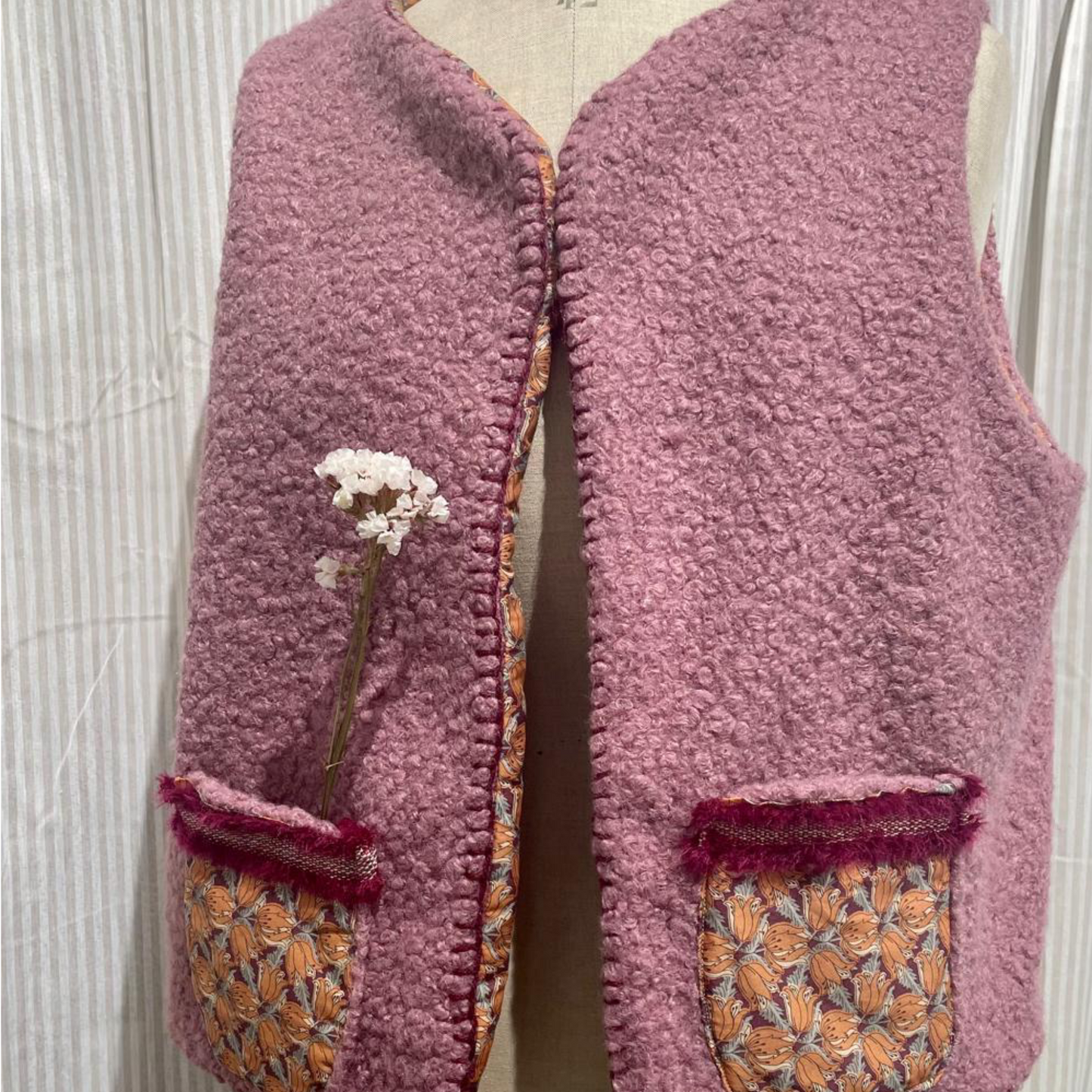 Gilet Bouclé Double Face Rosa/Fiori Gialli