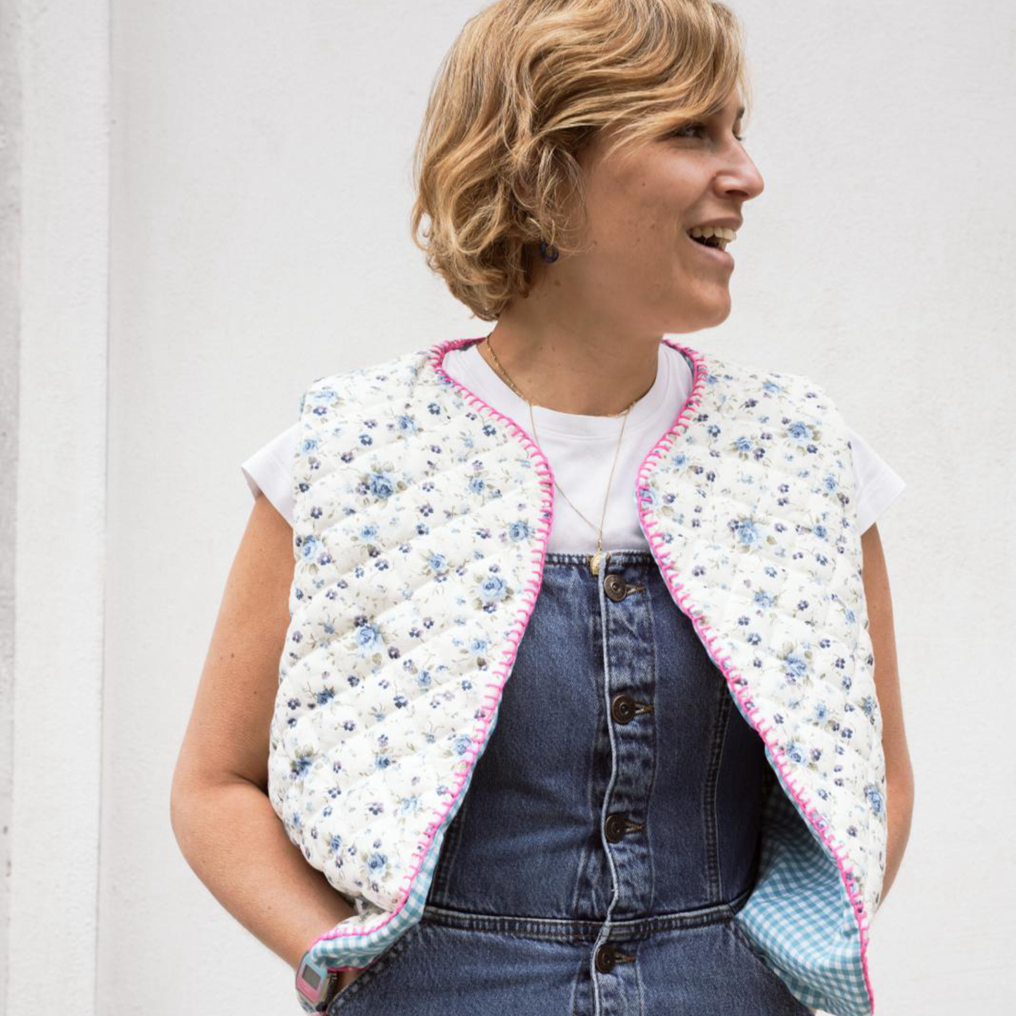 Gilet Matelassè Double Face Provenza Azzurro/Vichy Azzurro
