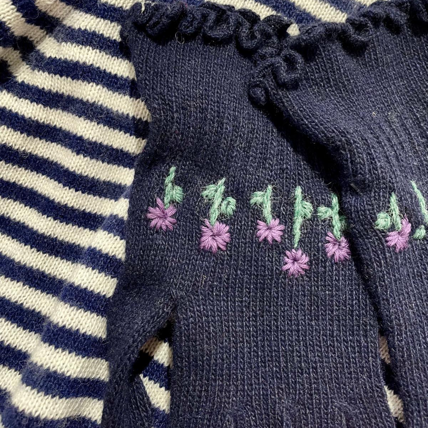Guanti in Lana Blu con Ricamo Floreale