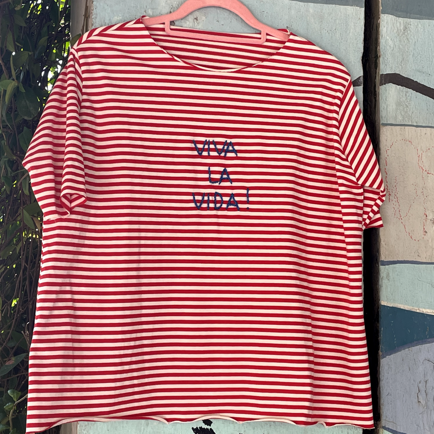 T-Shirt manica 3/4 a Righe Bianche e Rosse "Viva la vida"