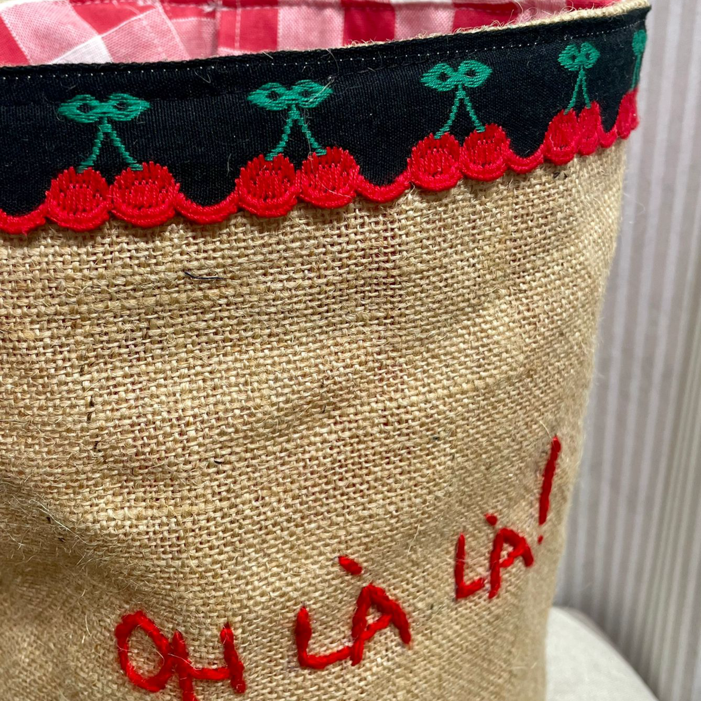 Borsa Secchiello Iuta "Oh là là!" con Fodera Check Rosso/Bianco