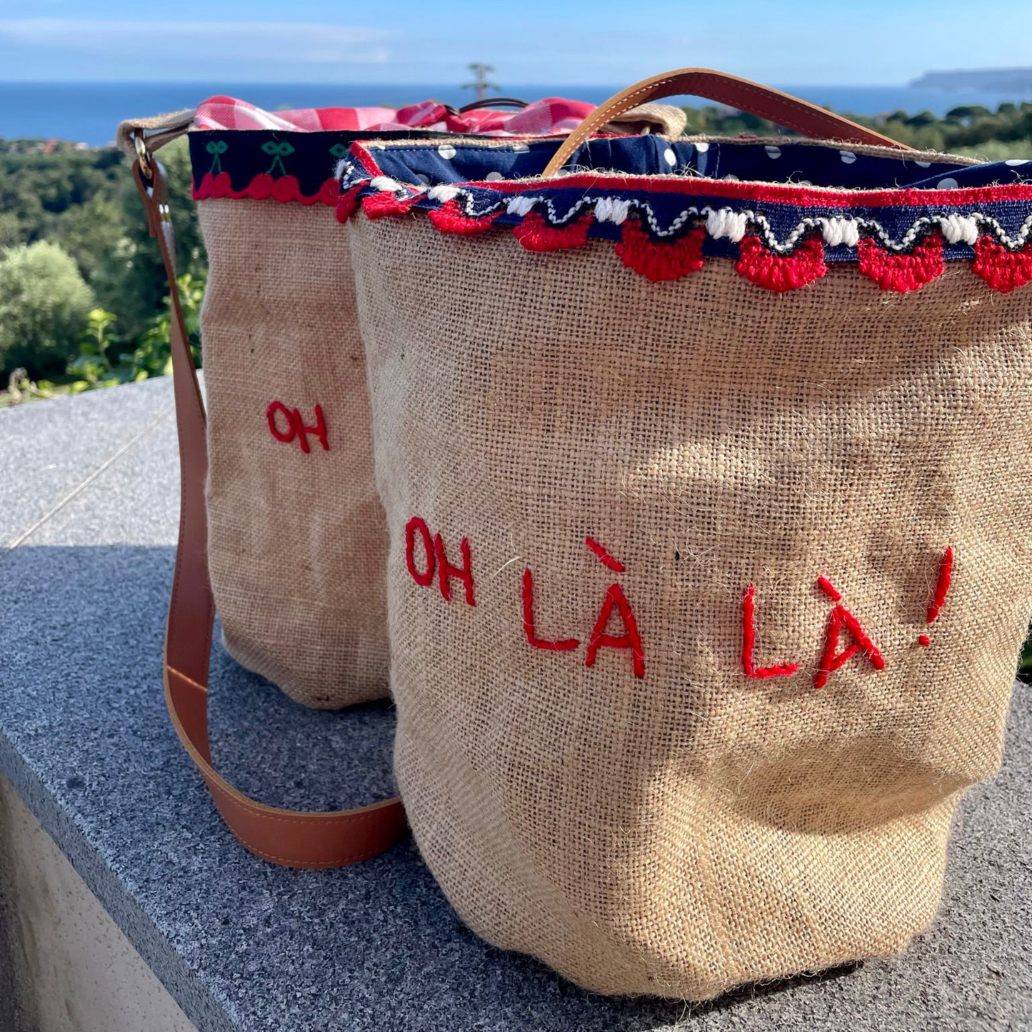 Borsa Secchiello Iuta "Oh là là!" con Fodera Check Rosso/Bianco