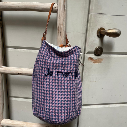 Borsa Secchiello in Lana Pied de Poule Rosa/Azzurro "Je m'en fiche"