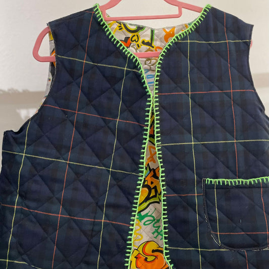 Gilet Matelassè Double Face Tartan Blu Scuro/Graffiti