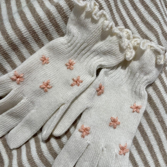 Guanti in Lana Bianchi con Ricamo Fiorellini Rosa