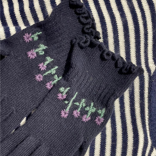 Guanti in Lana Blu con Ricamo Floreale